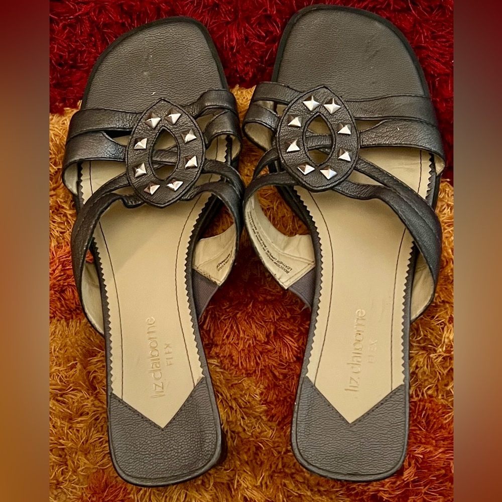 Liz Claiborne Flex Slate-Colored Studded Women's Sandals, Size 9M, 1.75” Heel